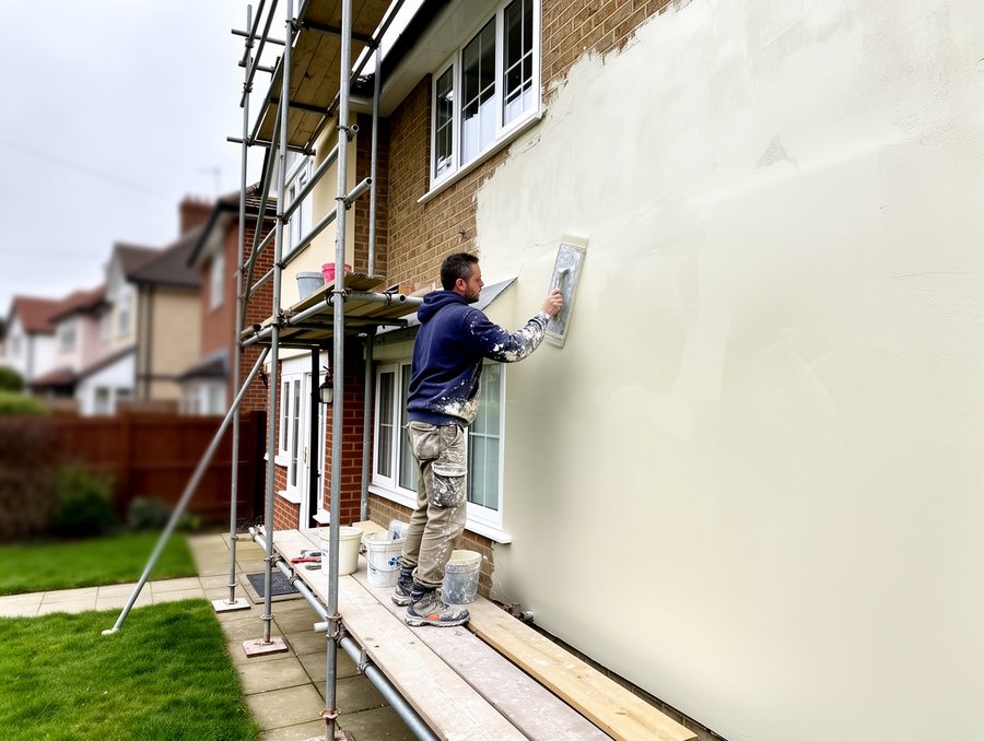 External rendering being applied to a house