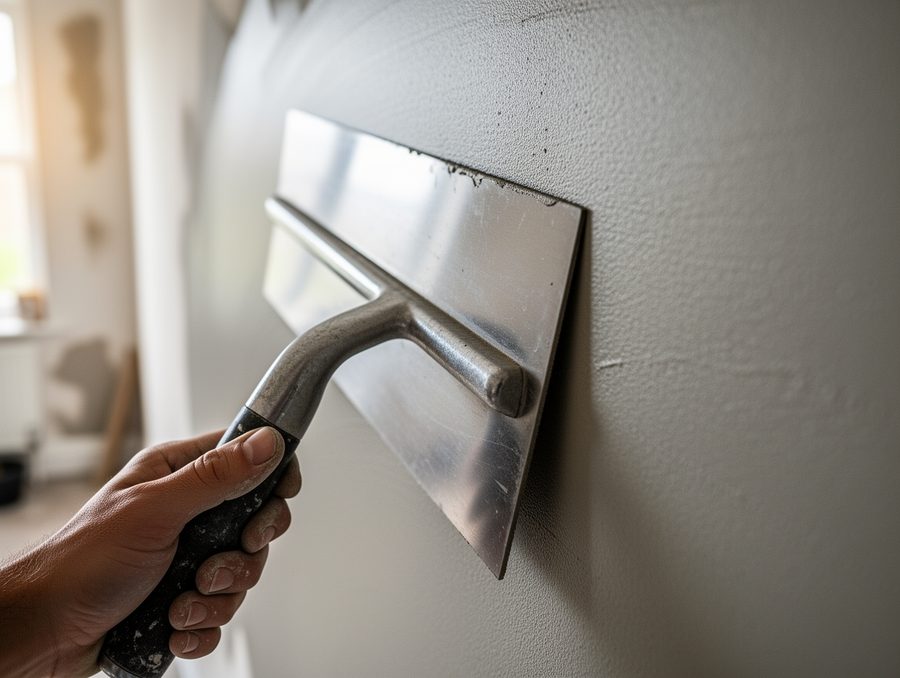 A plasterer applying a smooth skim finish to a wall